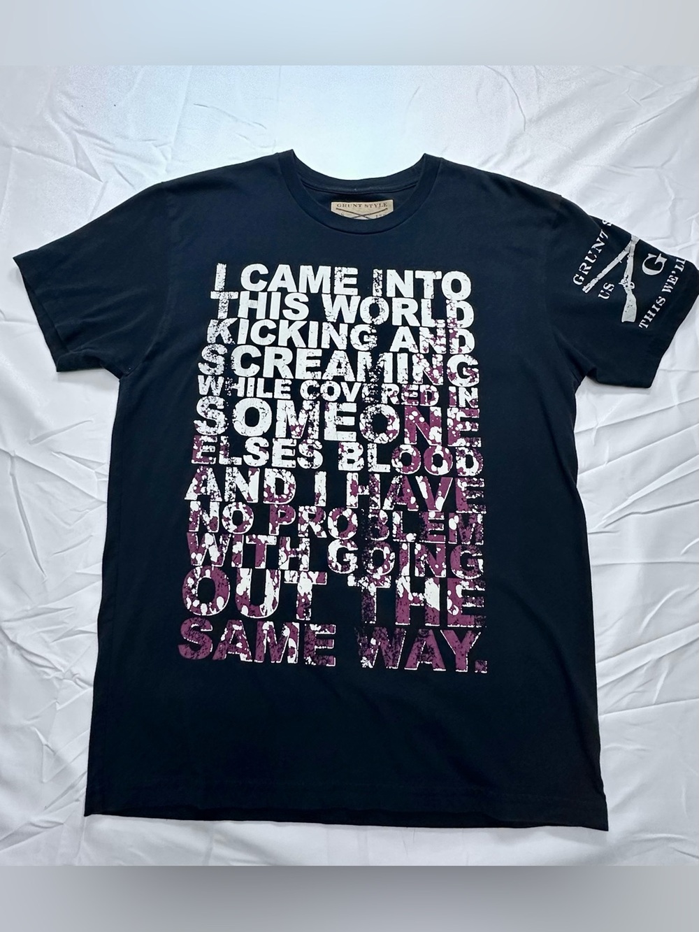 Grunt Style Black T-Shirt with White and Purple Text
